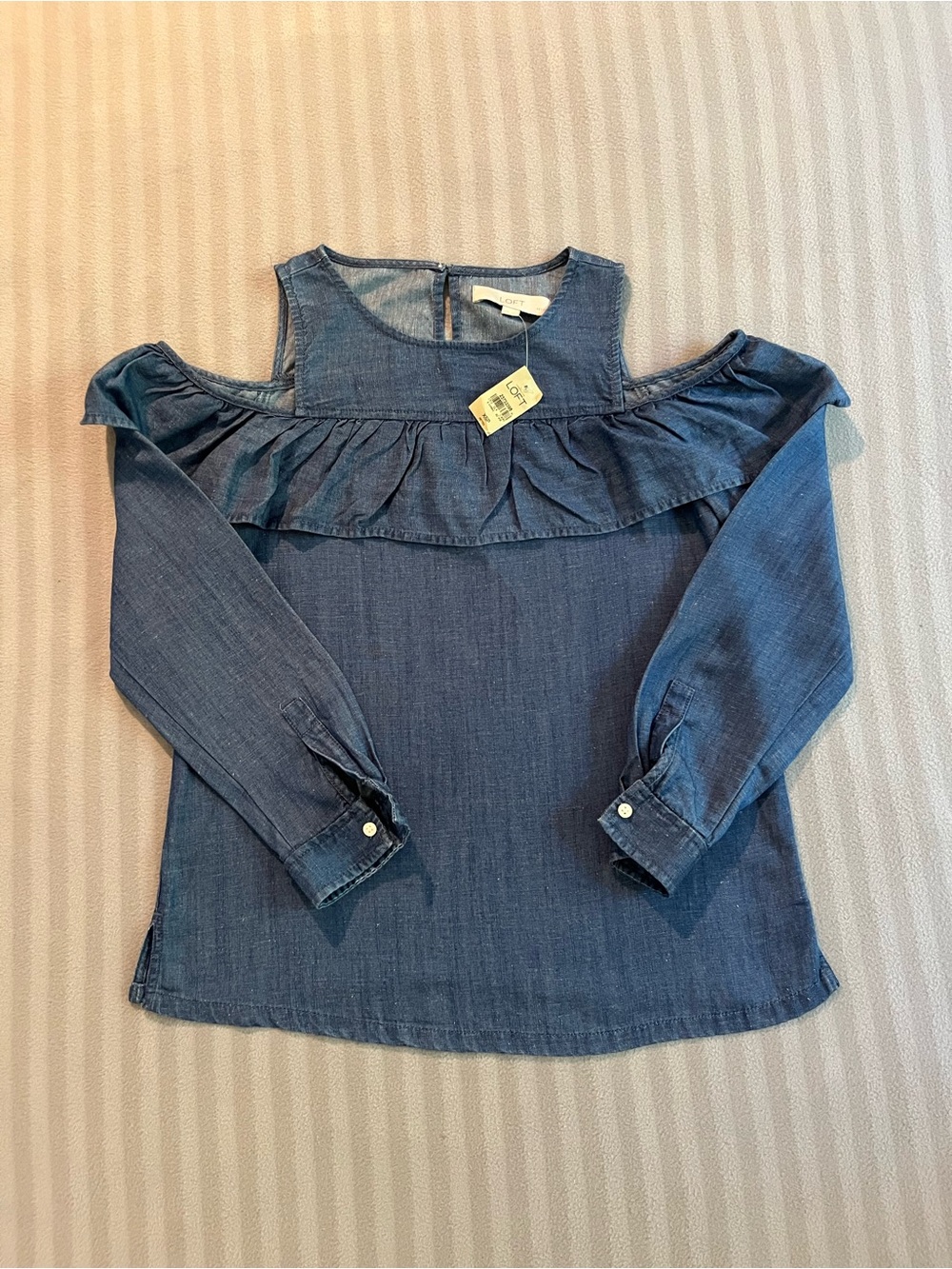 LOFT Denim-Look Cold Shoulder Ruffle Top - Blue